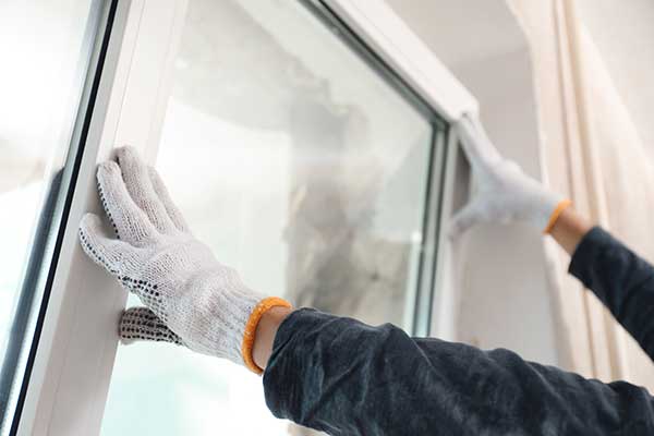 Worker with white gloves installing a new white-framed window